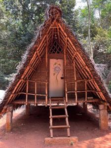 Domek z dachem krytym strzechą z drzwiami i drabiną w obiekcie Nebula Nest Cafe & Hostel w mieście Auroville