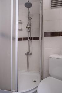 La salle de bains est pourvue d'une douche et de toilettes. dans l'établissement Cozy & Central 2BR Designed Apt. In Beyoglu, à Istanbul