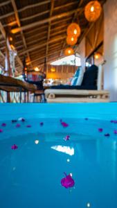 basen z niebieską wodą z kwiatami w wodzie w obiekcie Carabao Lodge - 2 bedroom house, stargazing & pool w mieście El Nido
