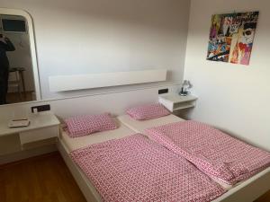 a bedroom with two beds with pink pillows and a mirror at Wappensaal Dhaun in Hochstetten-Dhaun