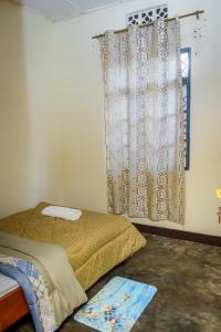 a bedroom with a bed with a curtain and a window at Rhoja homes in Ruhengeri