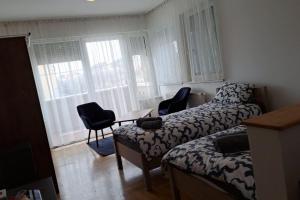 een slaapkamer met 2 bedden, stoelen en ramen bij Charm Apartment in Kecskemét