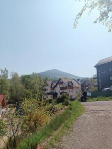 a road with houses and a mountain in the background at Studio TERJANO in Karpacz