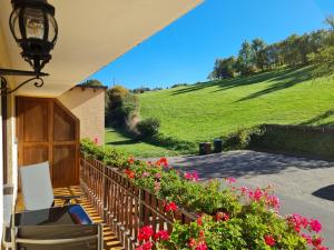 um alpendre com flores e vista para uma colina em Gasthaus Paula em Üdersdorf