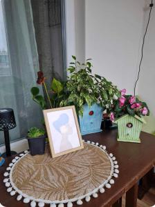 a table with a picture and some plants on it at Specious Modern Apartment in Sofia