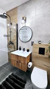 y baño con aseo, lavabo y espejo. en Kolo Apartament Gold en Kolo