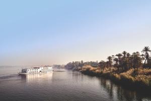 un bateau blanc sur une rivière avec des palmiers dans l'établissement Jaz Imperial Nile Imperial Cruise - Every Thursday from Luxor- Aswan- Luxor for 07 Nights, à Louxor