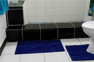 ein Badezimmer mit einem WC und einem blauen Teppich in der Unterkunft Carenage Ocean View in DʼArbeau
