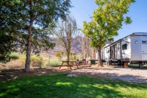 ein Wohnmobil und ein Picknicktisch auf einem Feld in der Unterkunft Moab RV Resort RV IV Fully Setup OK44 in Moab