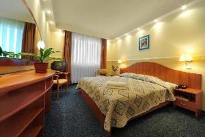 a hotel room with a bed and a desk at Hotel Korona & Restauracja in Cieszyn