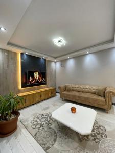 a living room with a couch and a fireplace at Sabiha Gökçen Airport & Metro in Istanbul