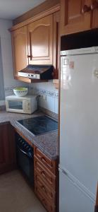 a kitchen with a white refrigerator and wooden cabinets at Apartamet Benidorm in Benidorm