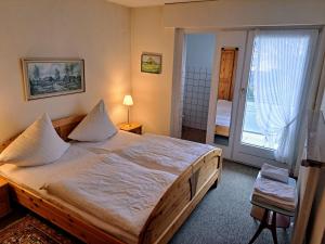 Balve的住宿－Pension Waltermann，一间卧室设有一张大床和一个滑动玻璃门