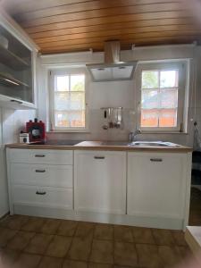 eine Küche mit weißen Schränken, einem Waschbecken und 2 Fenstern in der Unterkunft Ferienhäuschen Am Fischertor in Bad Kreuznach