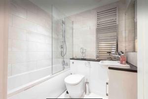 a bathroom with a toilet and a tub and a sink at 4 beds - 2 bathroom Apartment, New Oxford Street in London