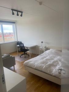 a bedroom with a bed and a desk and a chair at Studio apartment in Copenhagen. in Copenhagen
