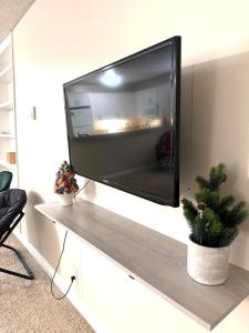 TV de pantalla plana en un estante de la sala de estar en Datu - Discover world with us en Newport Beach