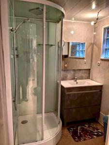 een badkamer met een douche en een wastafel bij Villa de 4 chambres avec piscine privee sauna et terrasse a Quend in Quend