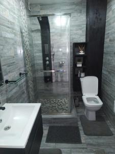 een badkamer met een douche, een toilet en een wastafel bij Ocean view @ 10 south in Durban