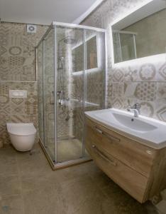 bagno con doccia, lavandino e servizi igienici di Villa Marco Polo with swimming pool a Budua