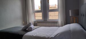 sypialnia z łóżkiem z 2 poduszkami i 2 oknami w obiekcie CHALET Cubo de las Monjas w mieście Nava del Rey
