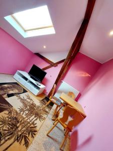 a living room with pink walls and a skylight at Ferienhaus Jamshidi in Waren