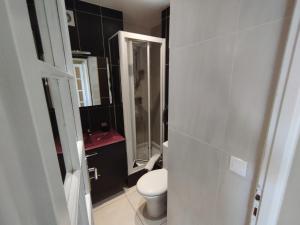 a bathroom with a toilet and a glass shower at T2 Croisette & Palm Beach 2mi à pieds ! in Cannes