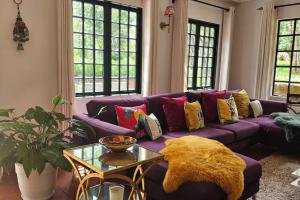 a living room with a purple couch with colorful pillows at Pumbaa Farmhouse + Cottages in Nairobi