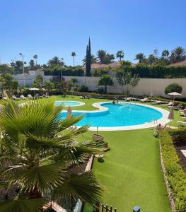 a view of a swimming pool with green grass at Lovely apartment Taidia in Maspalomas