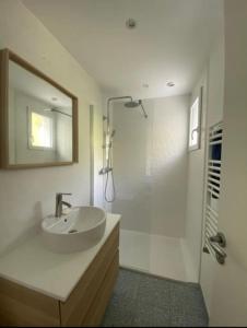 y baño blanco con lavabo y ducha. en Maison 3 chambres proche mer, en Le Relecq-Kerhuon
