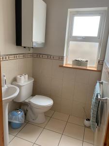 een badkamer met een toilet, een wastafel en een raam bij Tramore Holidays in Tramore
