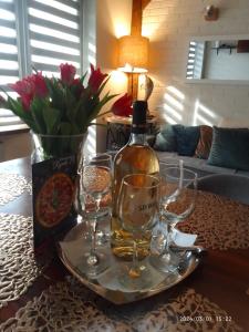 bandeja con vasos y una botella de vino en una mesa en Apartament Centrum Nowa Ruda, en Nowa Ruda