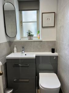 a bathroom with a sink and a toilet and a mirror at Norwood Cottage in Kirkby Lonsdale +29 photos