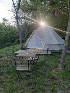 貝爾帕索的住宿－Rifugio Manfre Bivouac Tent，田野上带桌椅的帐篷