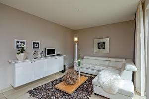 een woonkamer met een witte bank en een tv bij Quartier L (Loschwitz) in Dresden
