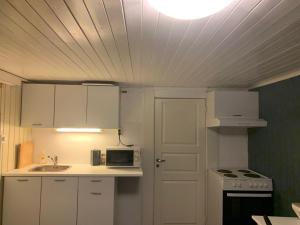 una pequeña cocina con fregadero y microondas en Trivelig leilighet gratis parkering på stedet! en Porsgrunn