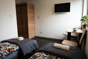 een kamer met 2 bedden en een flatscreen-tv bij KR Pokoje in Tokarnia