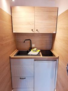 a small kitchen with a sink and a sink at Ruhiges 1-Zimmer-Appartement, Büsum (4km), Nordsee in Oesterdeichstrich