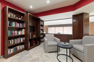 a living room with two chairs and a couch and book shelves at Hotel Best Aranea in Barcelona