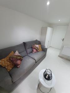 ein Wohnzimmer mit einem Sofa und einem Tisch in der Unterkunft Studio aux portes de Paris in Villejuif