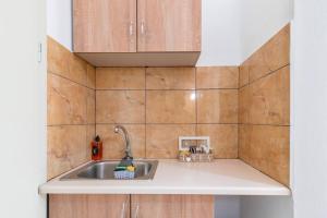 a kitchen with a sink and a tiled wall at Garden Studios N3 in Archangelos +10 photos