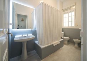 ein Bad mit einem Waschbecken, einer Dusche und einem WC in der Unterkunft Apartment Mosaic Giralda in Sevilla
