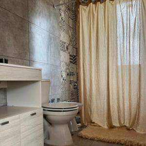 La salle de bains est pourvue de toilettes et d'un rideau de douche. dans l'établissement Te veo bien, à Suipacha