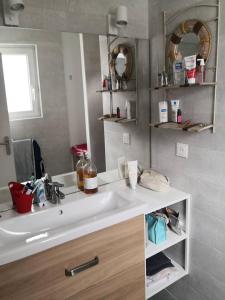 ein Bad mit einem Waschbecken und einem Spiegel in der Unterkunft Villa les Maguettes in Le Crotoy