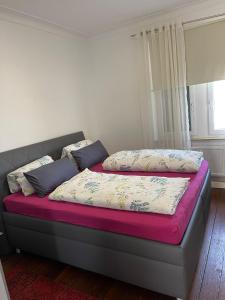 2 Betten in einem Zimmer mit Bettvisor in der Unterkunft Casa Pinos City in Friedrichshafen