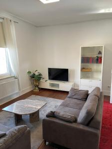 ein Wohnzimmer mit einem Sofa und einem Flachbild-TV in der Unterkunft Casa Pinos City in Friedrichshafen