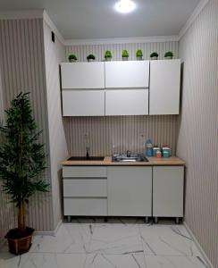 a kitchen with white cabinets and a sink at ZhanHotels in Almaty