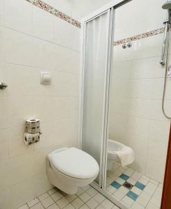 a bathroom with a toilet and a shower at Dependance Hotel Marina in Riccione