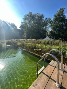 a boat on a river with a wooden dock at Moat Island Glamping in Norwich