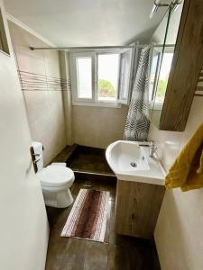 een badkamer met een toilet, een wastafel en een spiegel bij Bella Vista Apartment in Chios